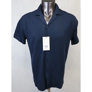 Level Ten Mens Camp Shirt Button Up Textured Short Sleeve Blue Size S Stretch